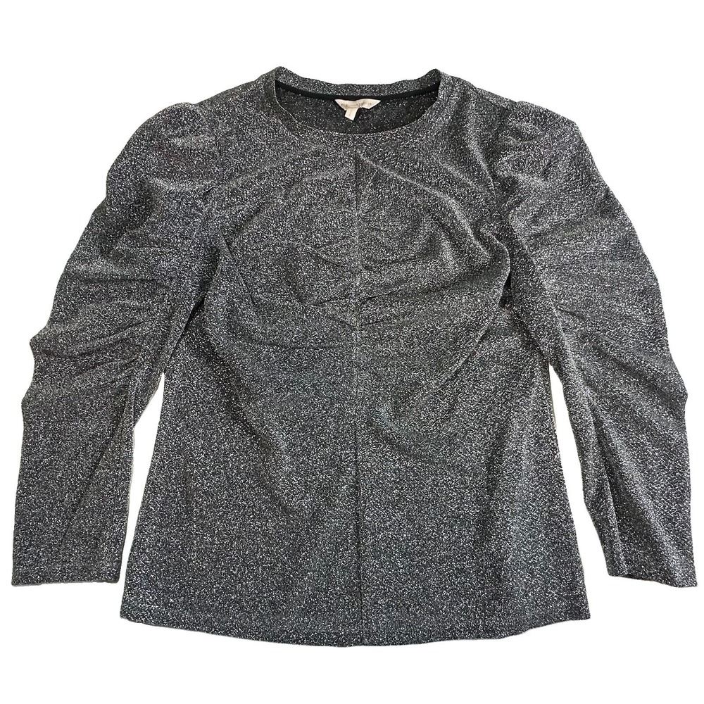 Rebecca Taylor LARGE Silver Metallic Ruched Puff Sleeve Sparkle Evening Top